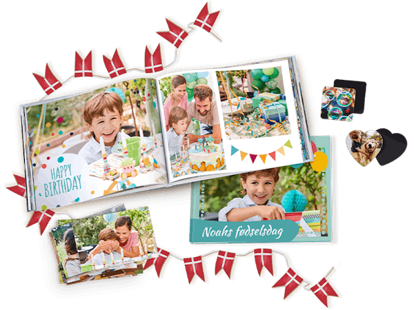 En fotobog og fotoprodukter med billeder fra fødselsdag
