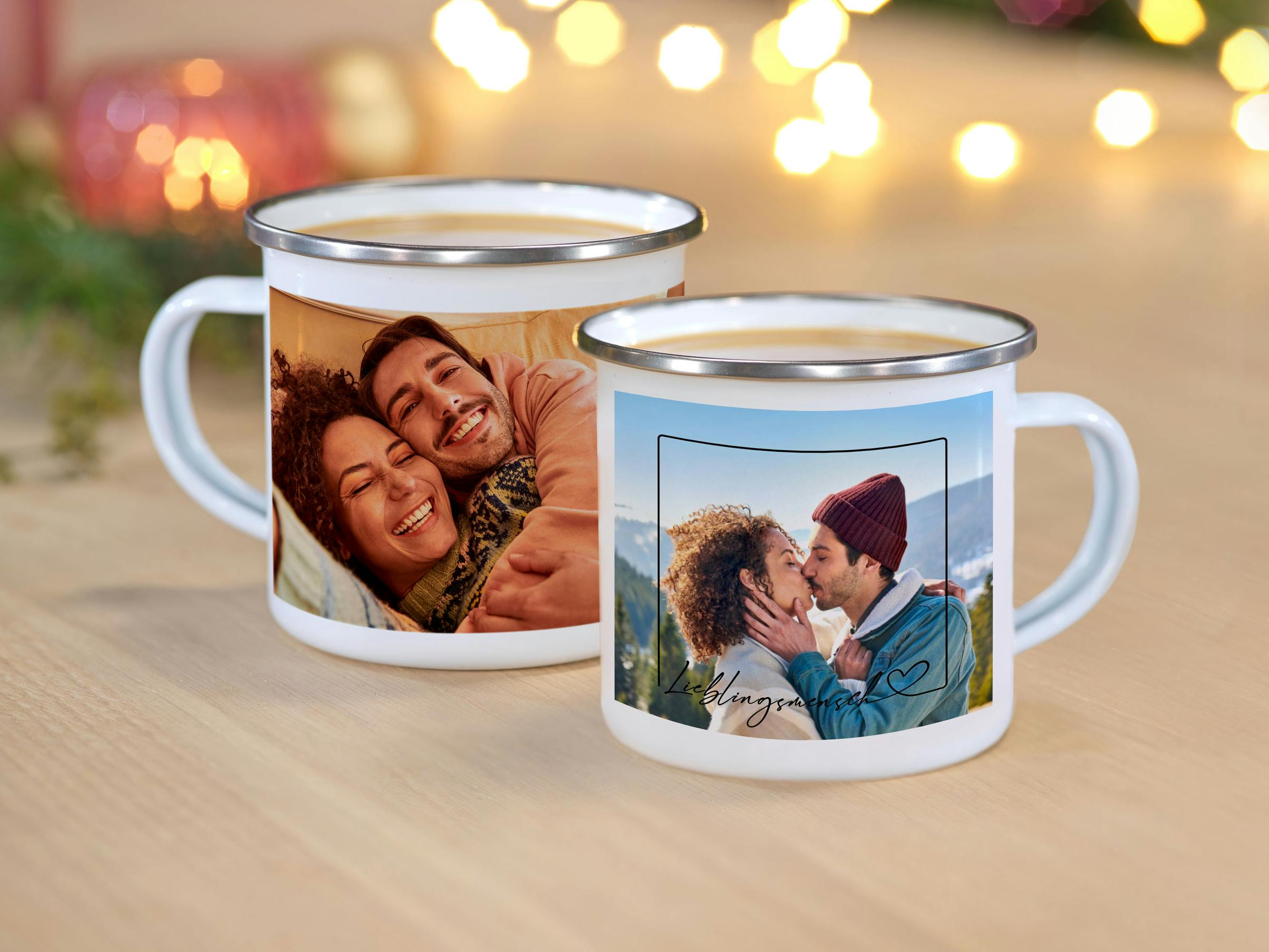 Mug photo en émail avec design et motif hivernal d'un couple amoureux