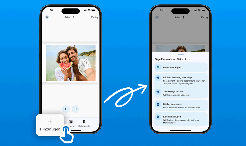 Un álbum de fotos siendo creado en la app Pixum