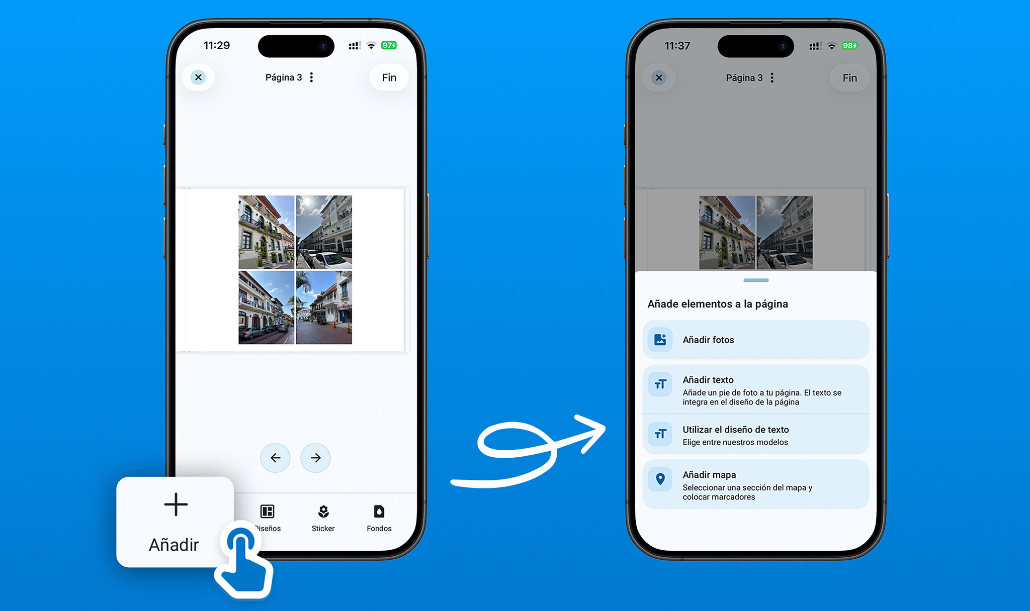 Un álbum de fotos siendo creado en la app Pixum