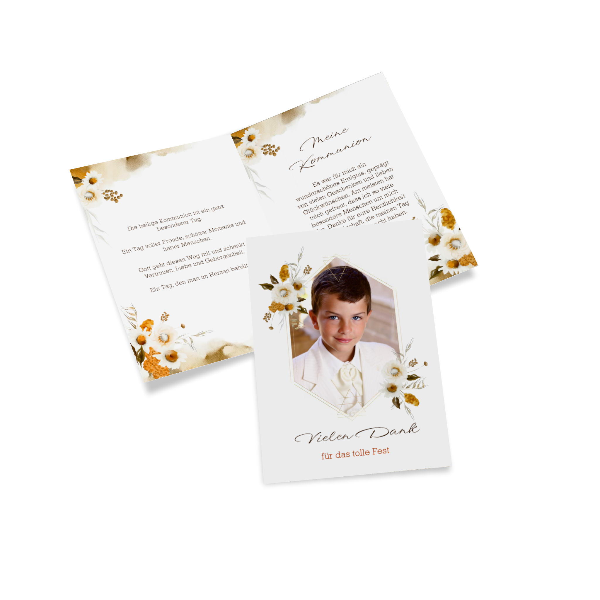 Dankeskarte zur Kommunion mit Blumen-Design und dem Bild eines Jungen auf der Vorderseite.