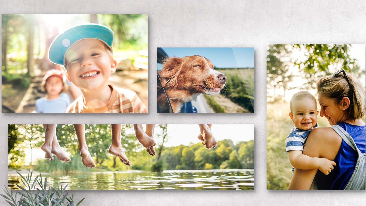 Plusieurs tableaux sur plexi-alu avec des photos de famille estivales.