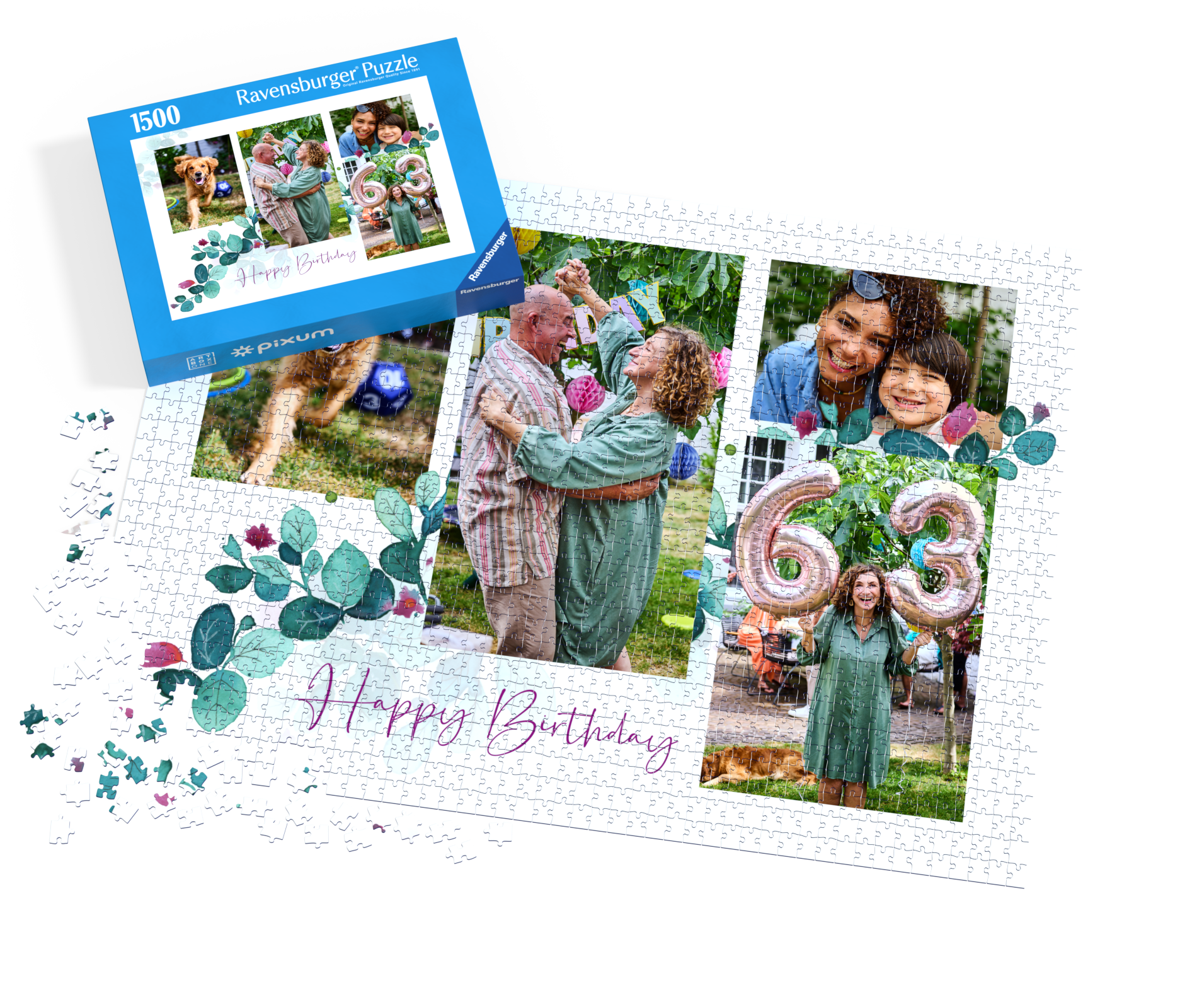 Fotopuzzle von Ravensburger mit 1500 Teile und einer Collage aus Geburtstagsbildern.