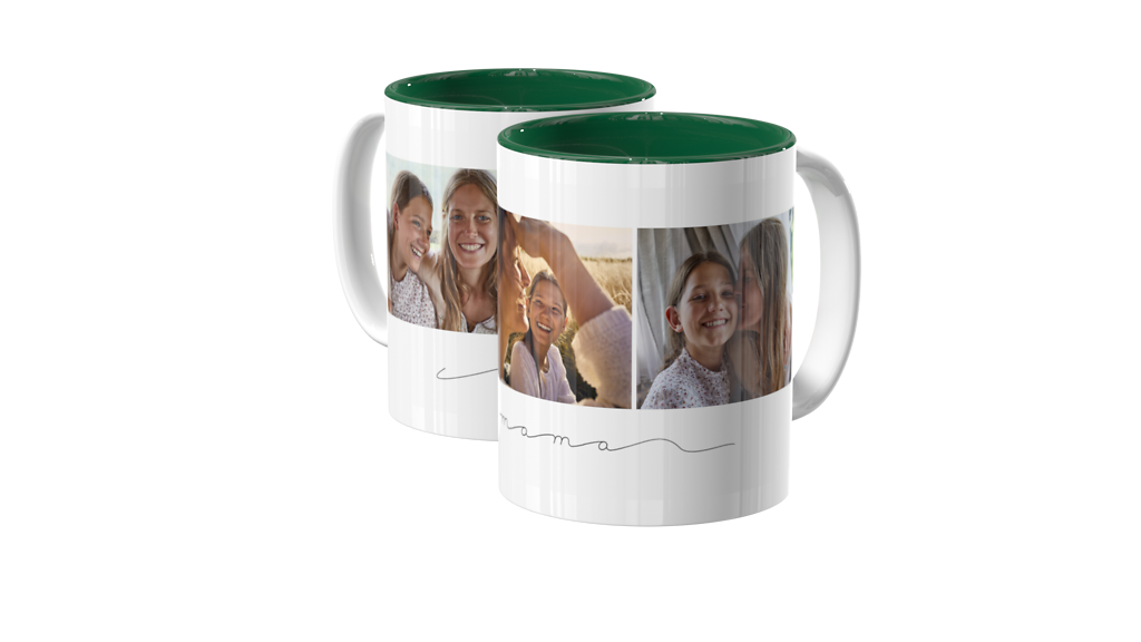 Fototasse mit drei Fotos von Mutter und Tochter. Unter den Fotos steht auf der Fototasse mit geschwungener Schrift "Mama".