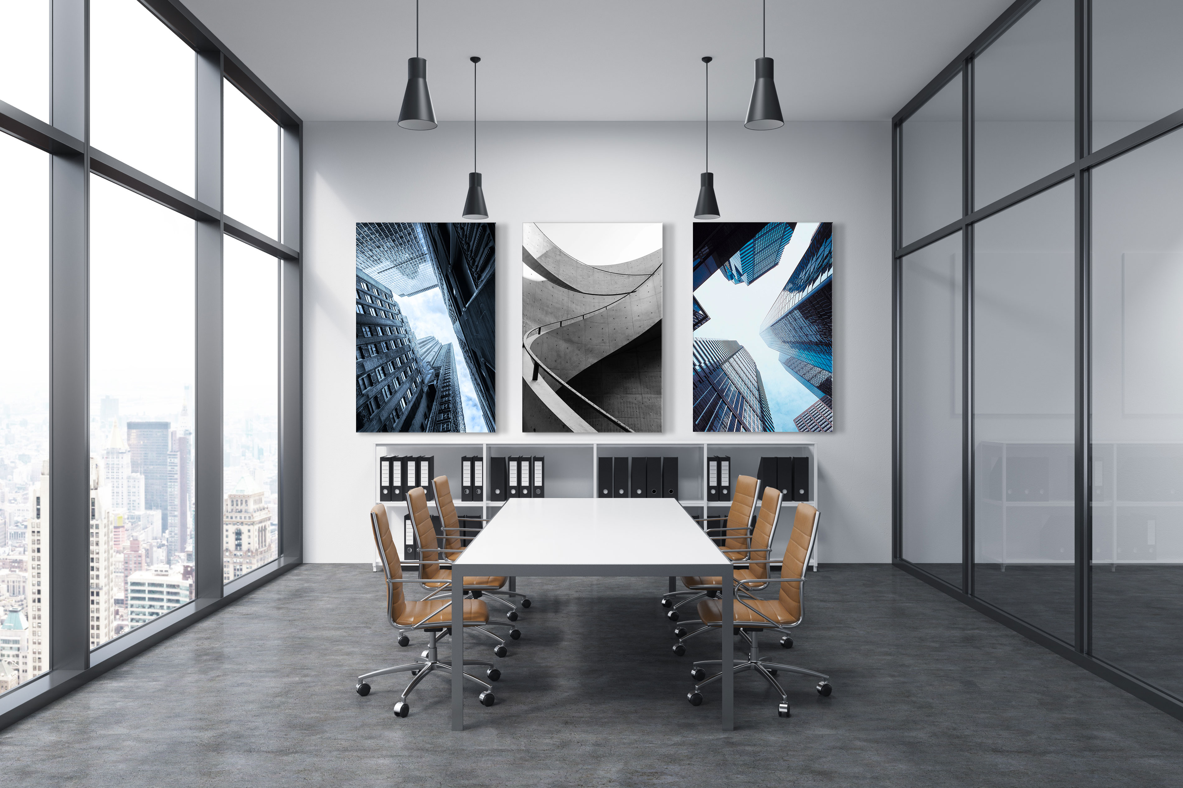 Large acrylic print with architecture images in an office