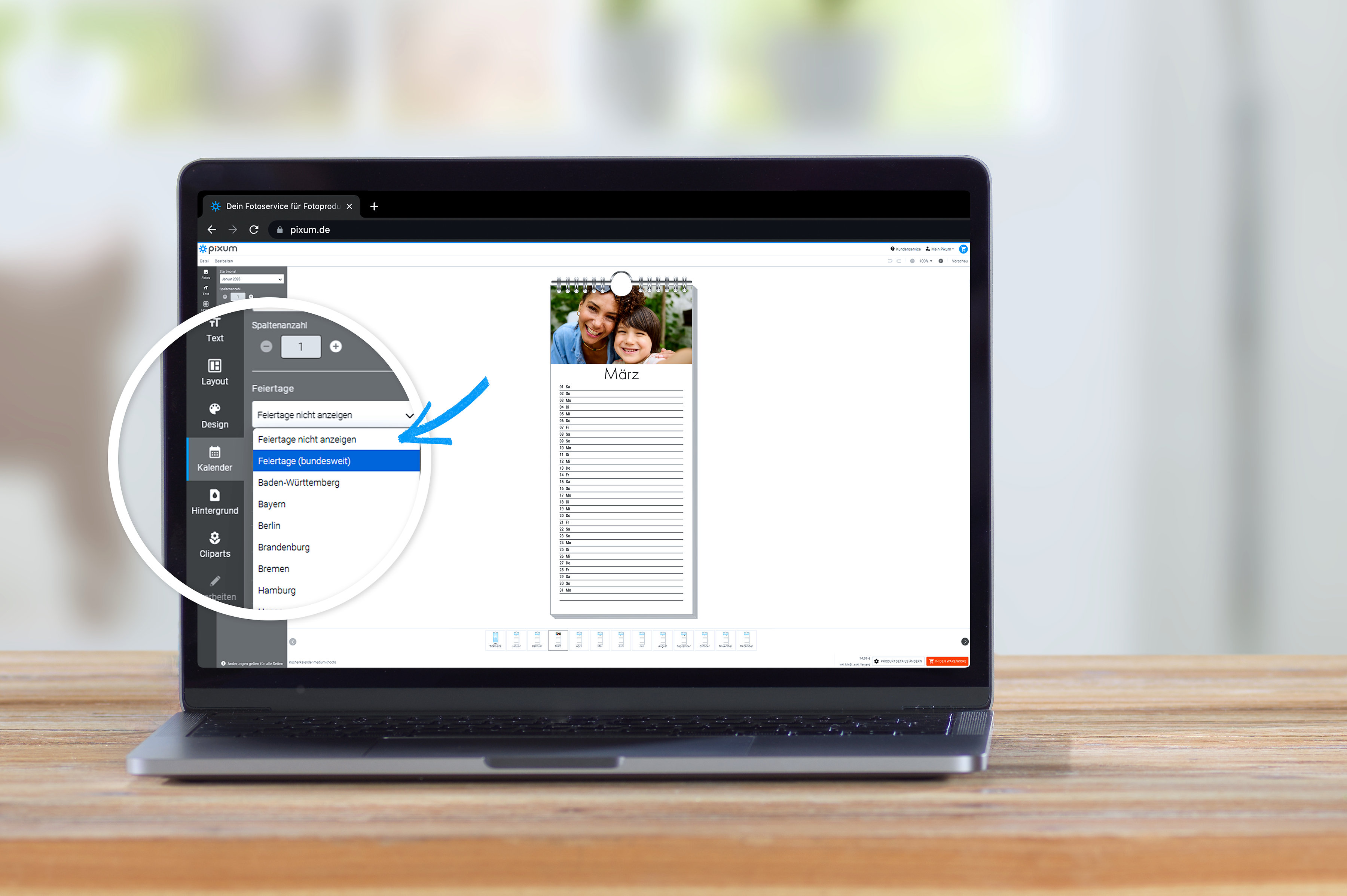 Es wird gezeigt, wie man Feiertage im Fotokalender einträgt