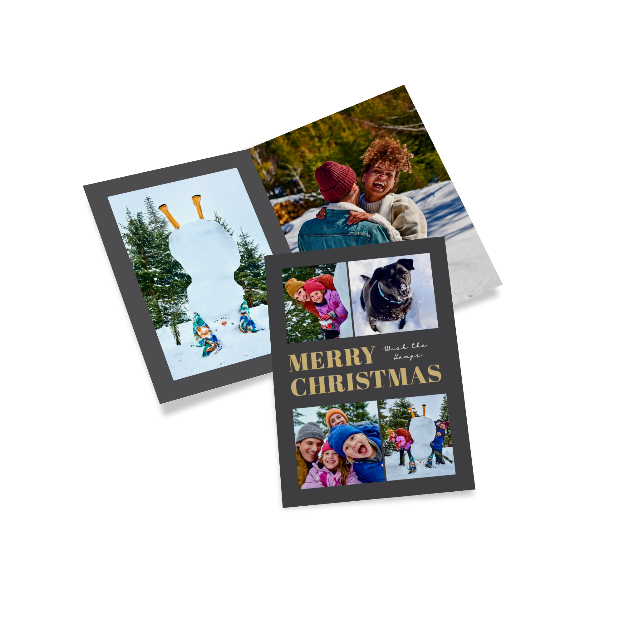 Carte de Noël personnalisée avec la photo d’une famille à la neige.