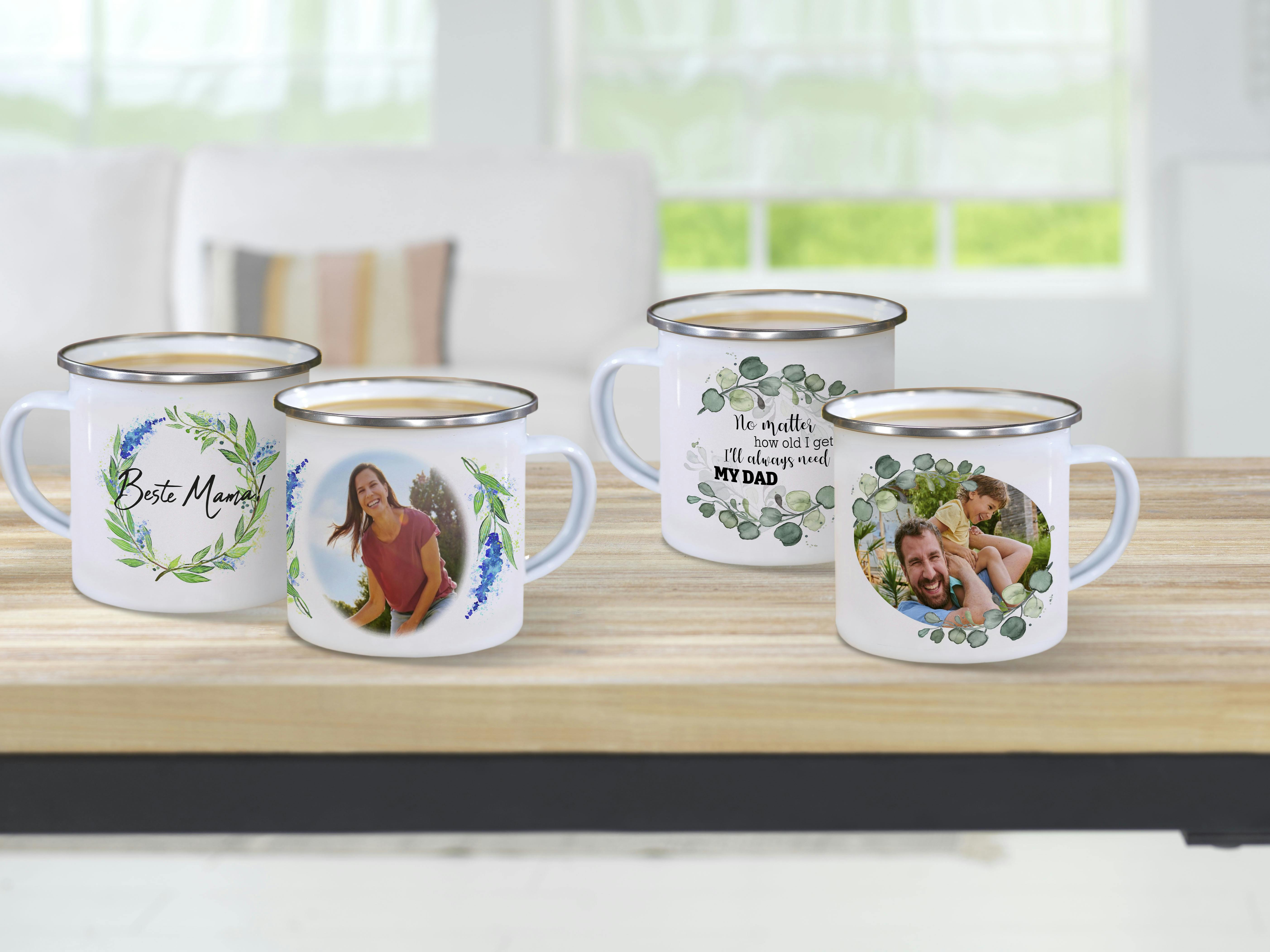 Emaille Fototasse Emaille Fototasse mit Muttertags und Vatertags Designs