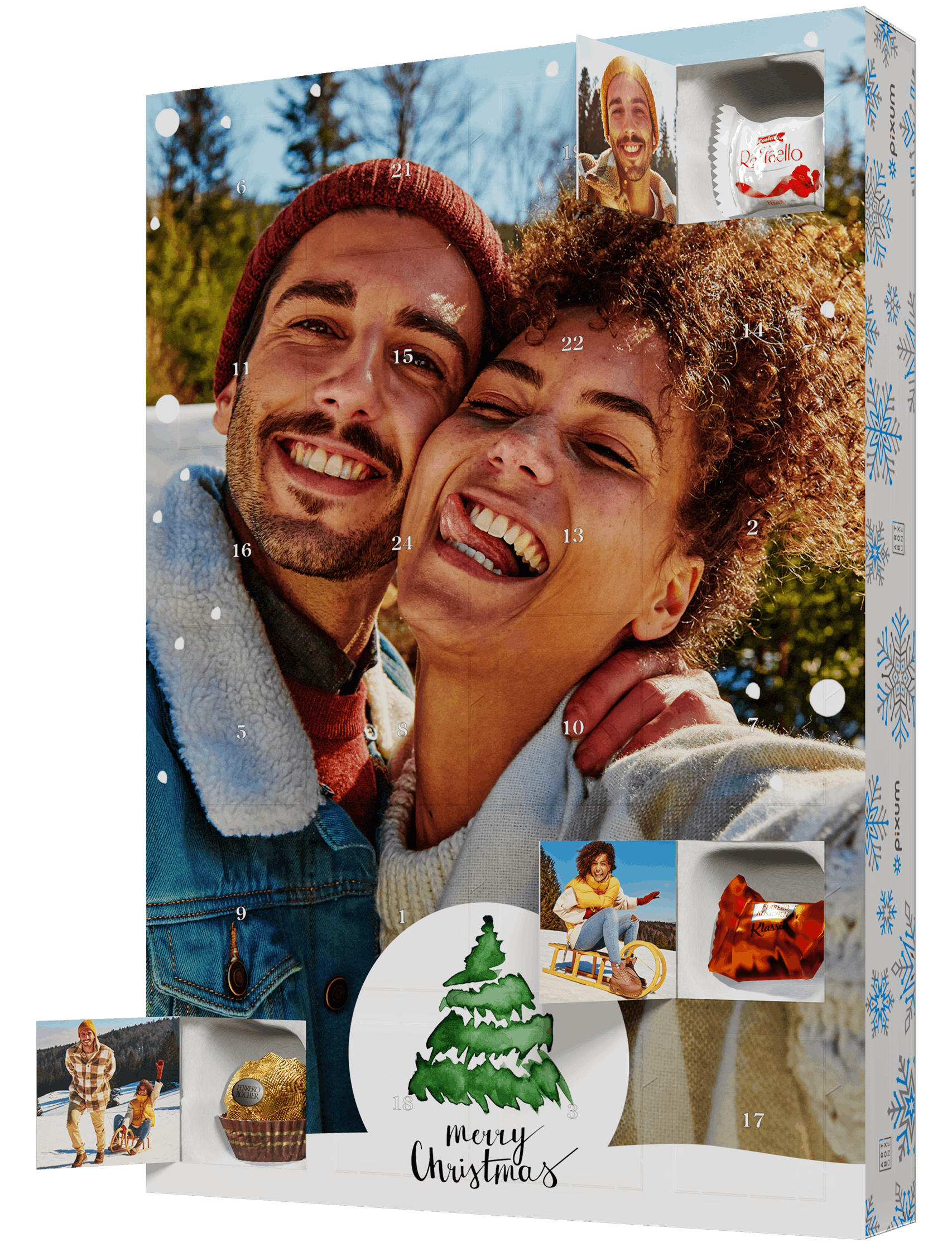 Image d'un calendrier de l'Avent avec chocolats Ferrero et fenêtres photo et photo d'un couple sur le devant.