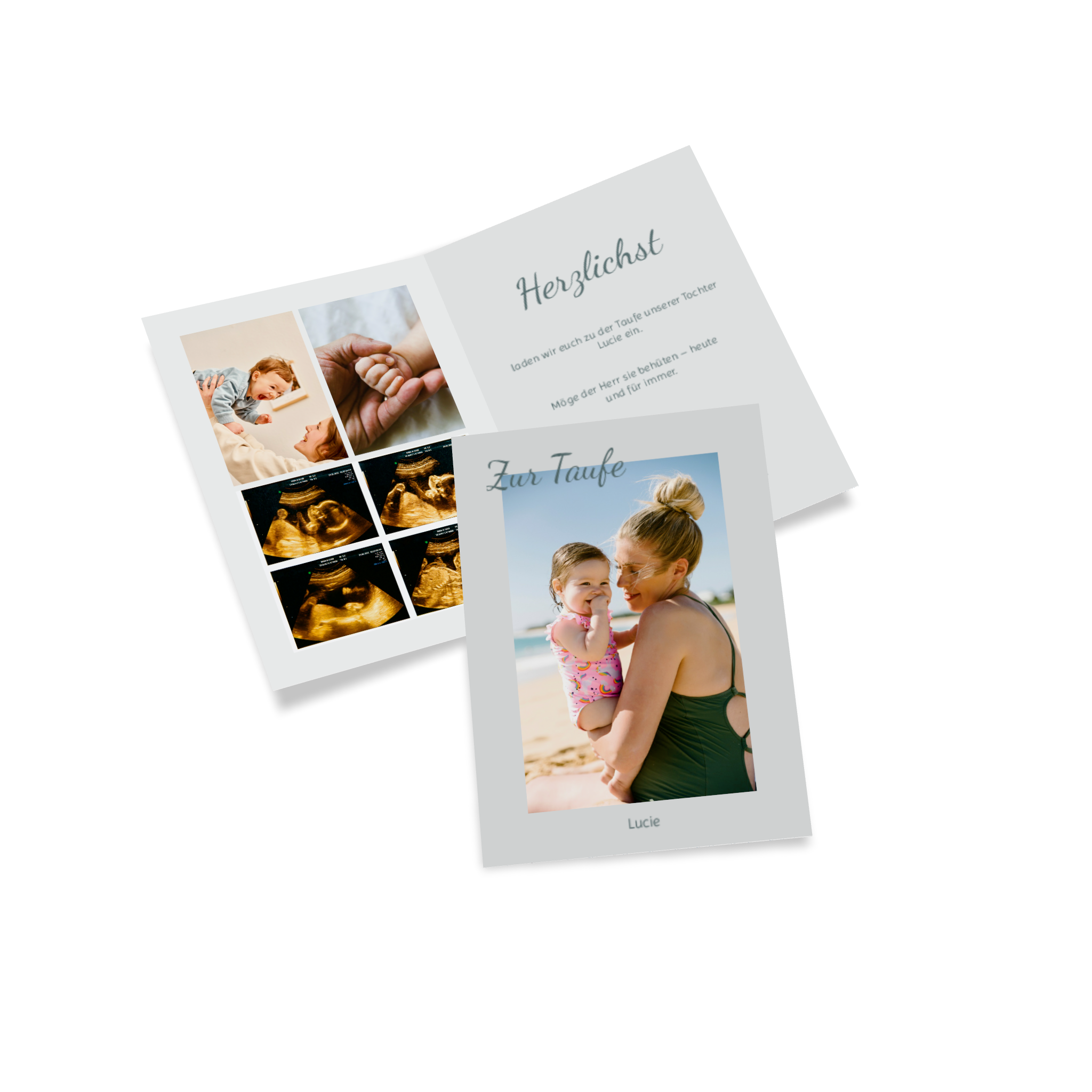 Helle Einladungskarte zur taufe mit eigenen Fotos und individuellem Text.