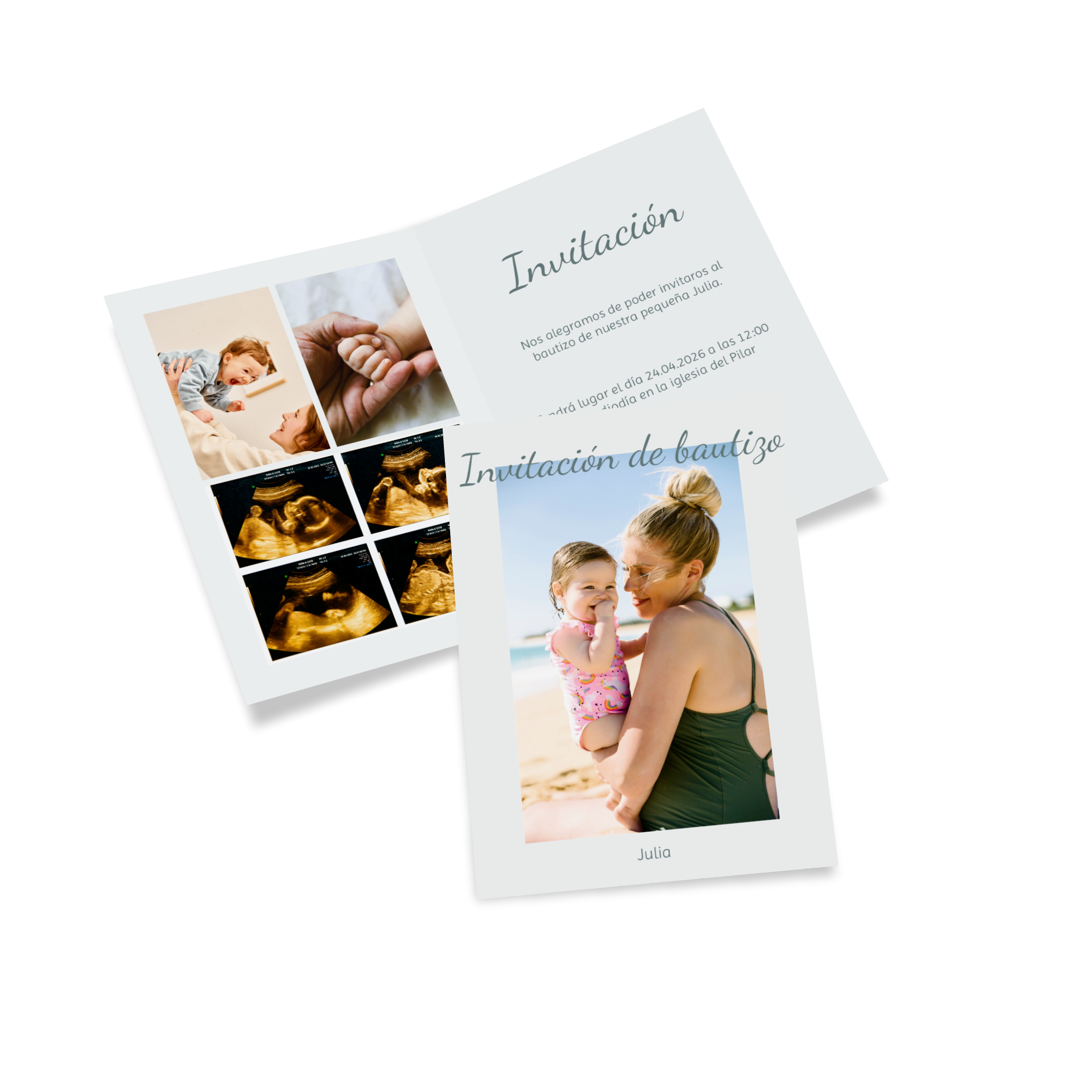 Invitación de bautizo personalizada con diseño, texto y fotos
 