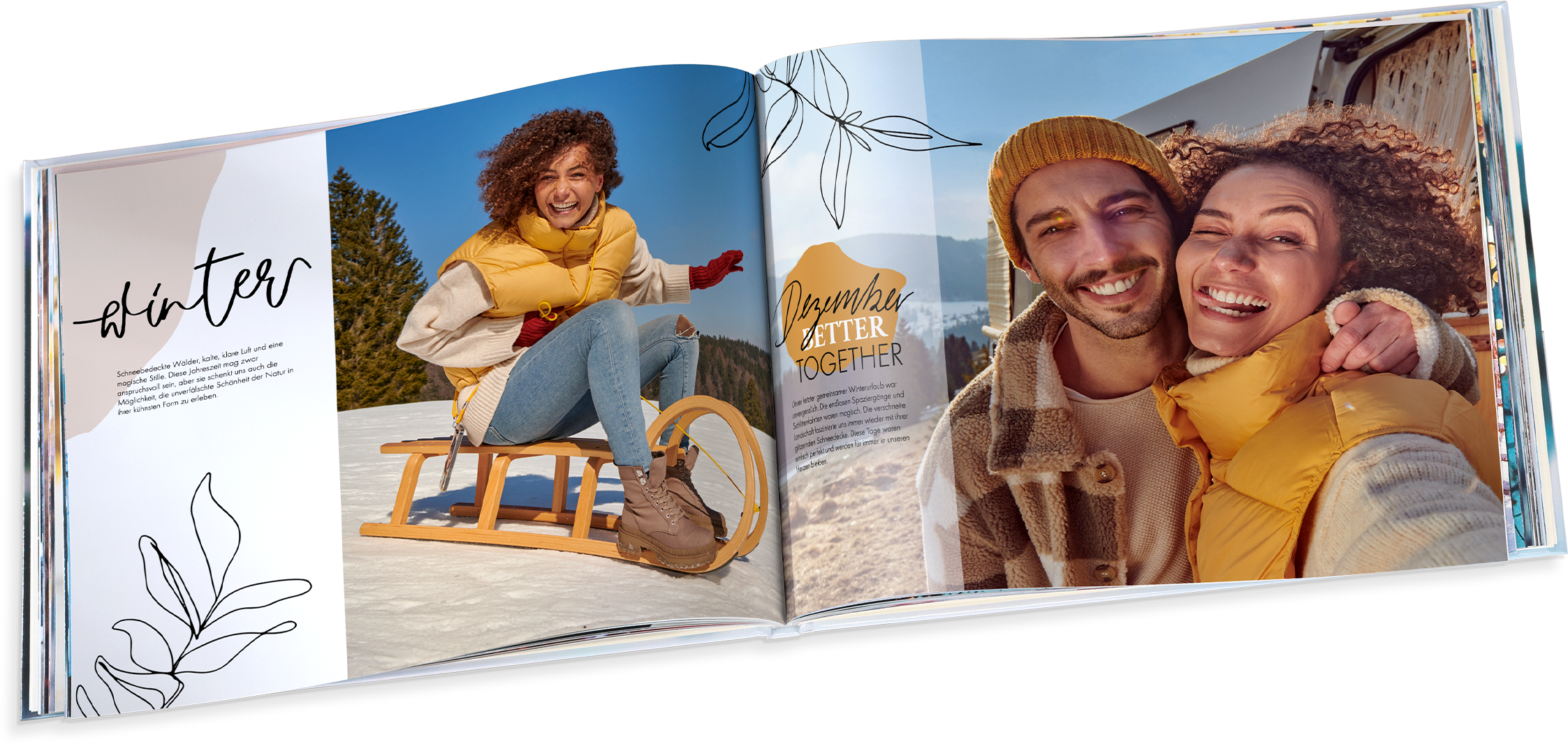 Fotolibro Pixum in formato panoramico con foto di una coppia sulla neve