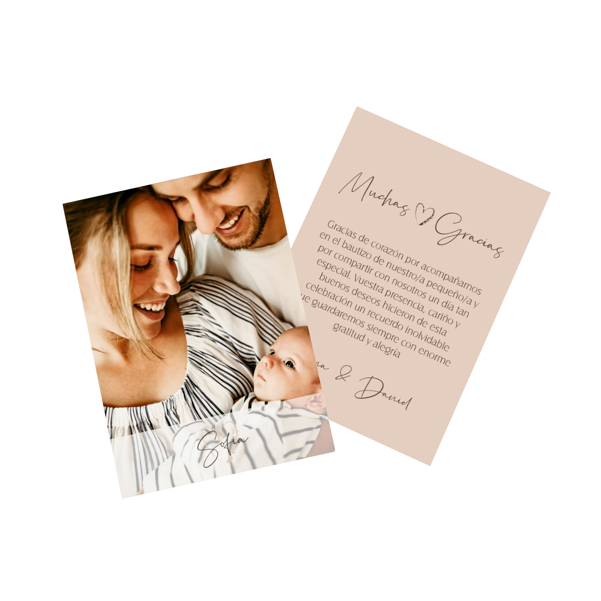 Una tarjeta de agradecimiento de bautizo personalizada con fotos y textos