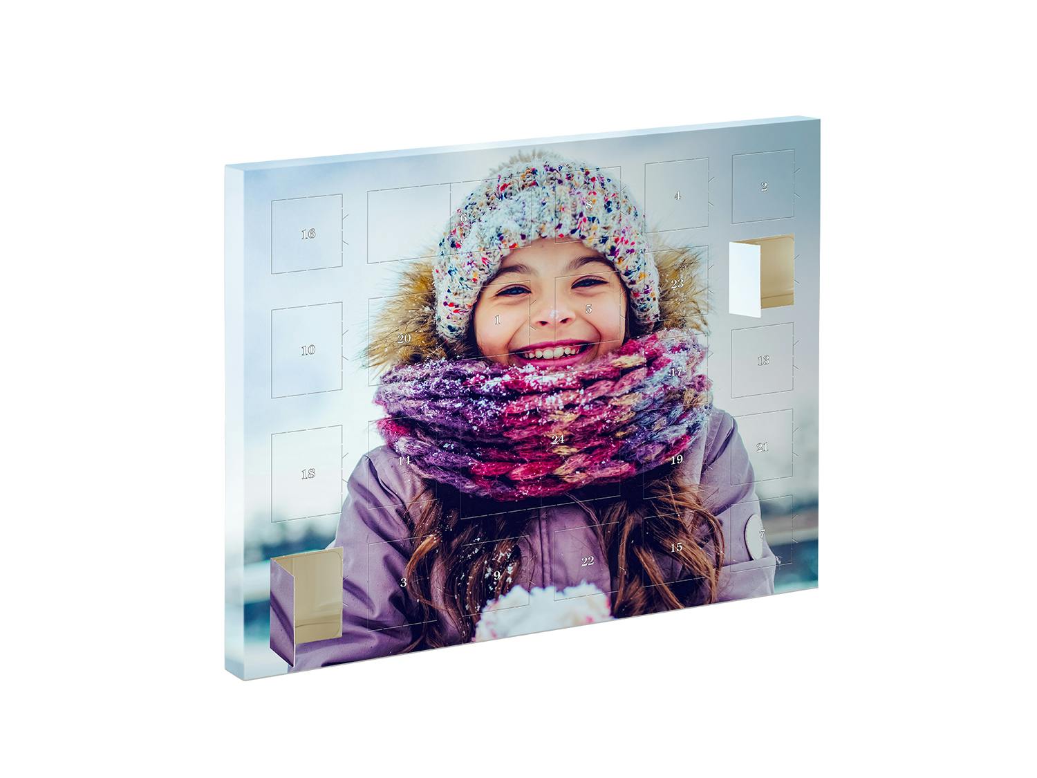 Calendario dell'Avvento personalizzato da riempire in formato panoramico con foto di una bambina con cappello