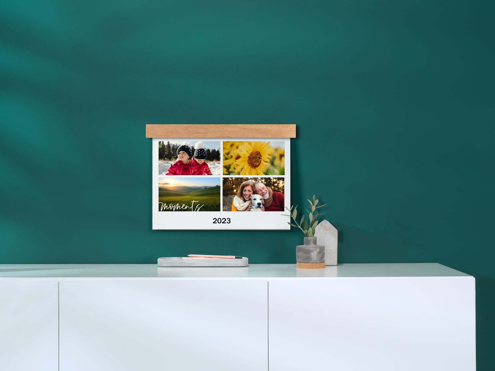 Calendario da parete A4 nel formato panoramico con listello in legno e foto invernali