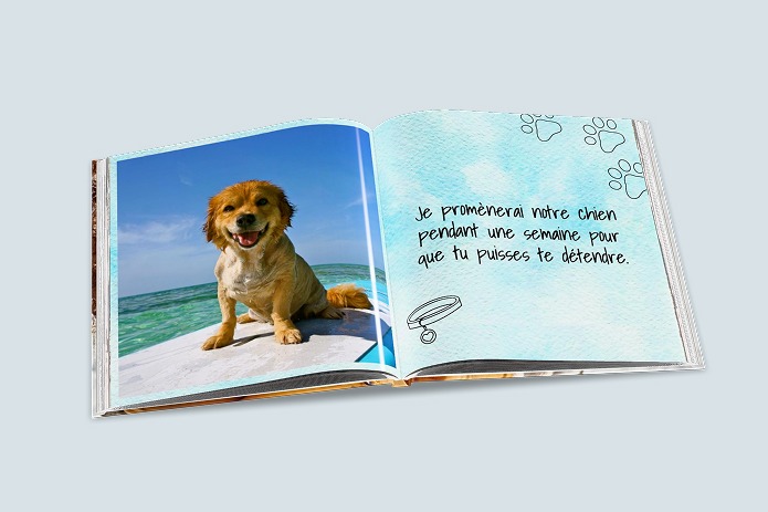 Livre photo avec un bon pour son père. On lui propose d’aller promener le chien pendant une semaine.
