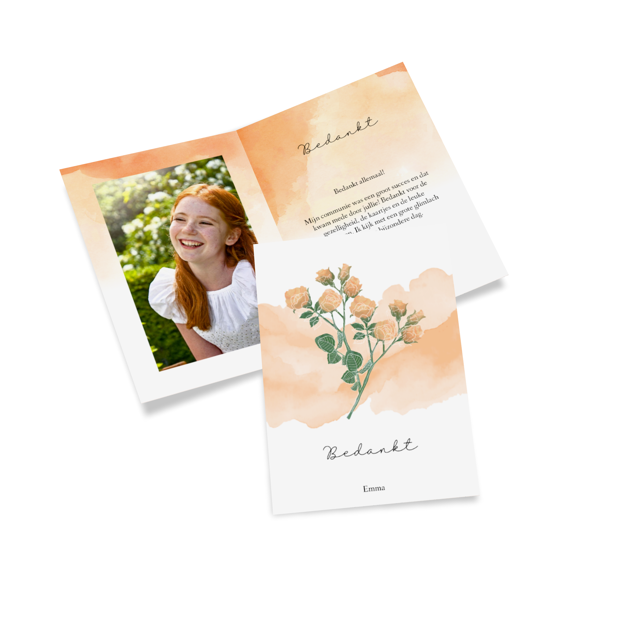 Bedankkaartje voor de communie met een oranje design en foto's van de communicant.