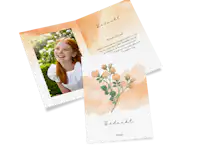 Bedankkaartje communie Bedankkaartje voor de communie met een oranje design en foto's van de communicant.