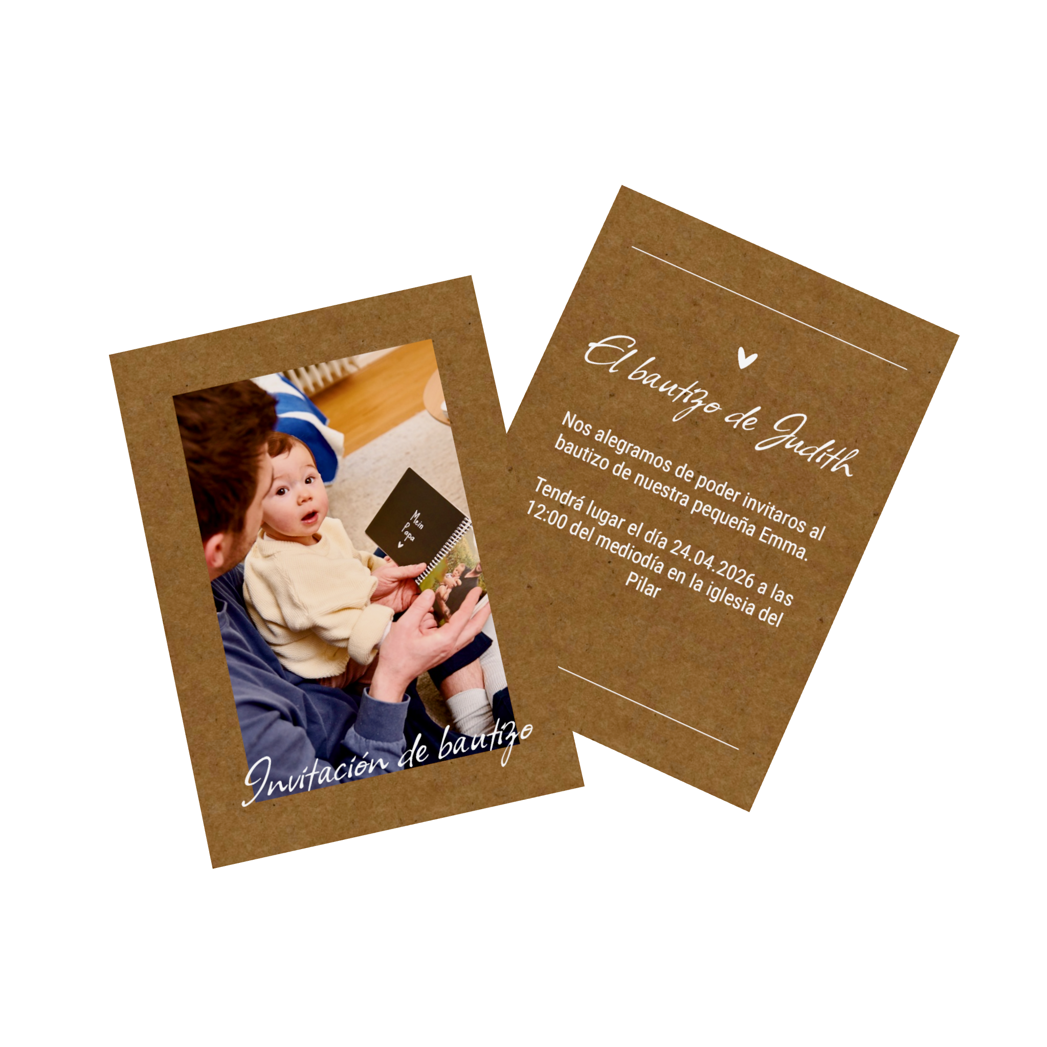Invitación de bautizo personalizada con diseño, texto y fotos