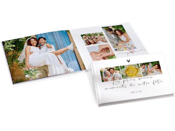 Album photo de mariage Album photo de mariage ouvert, montrant des images de mariés et de leur célébration.