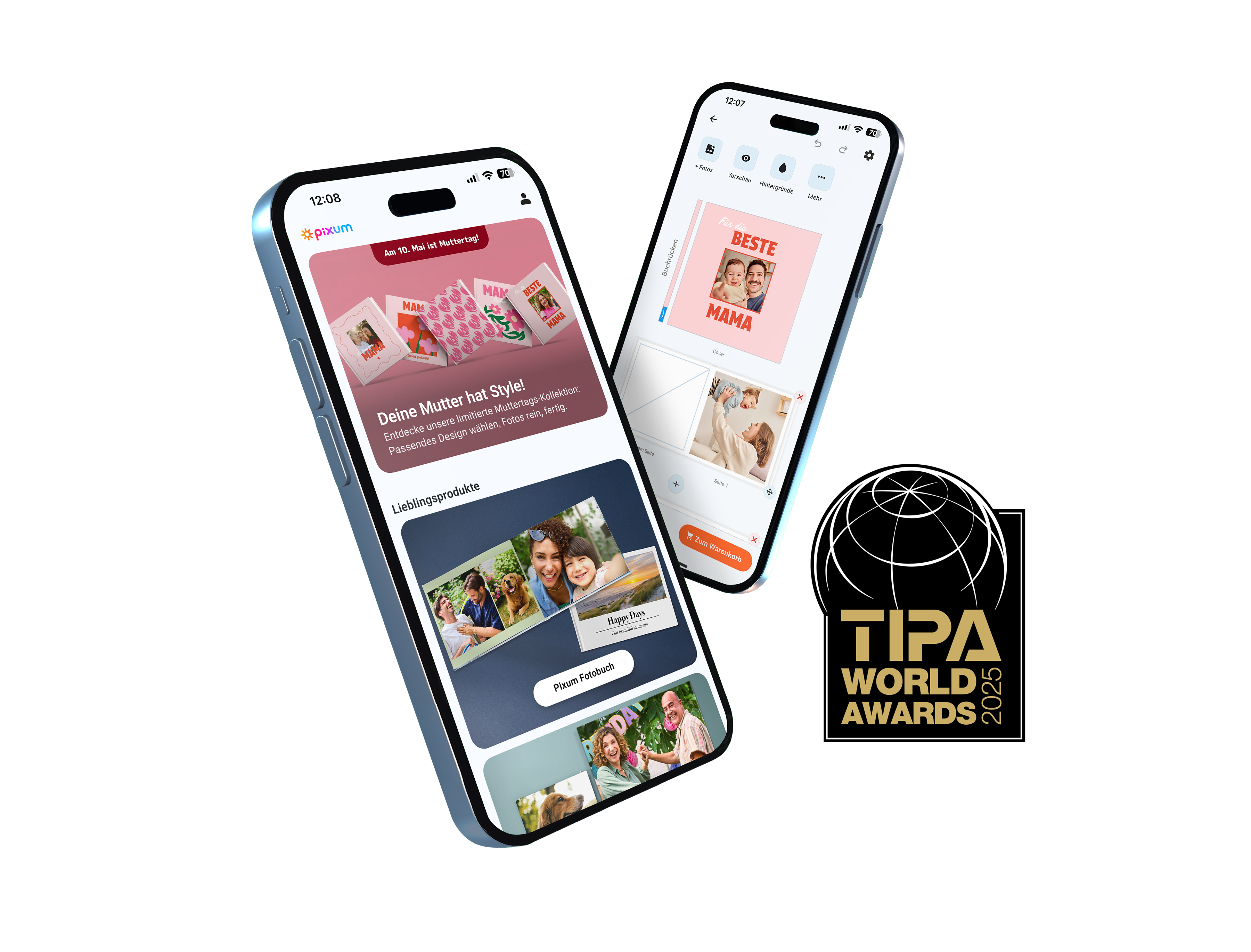 Der Startscreen der Pixum App mit den Produktkategorien 