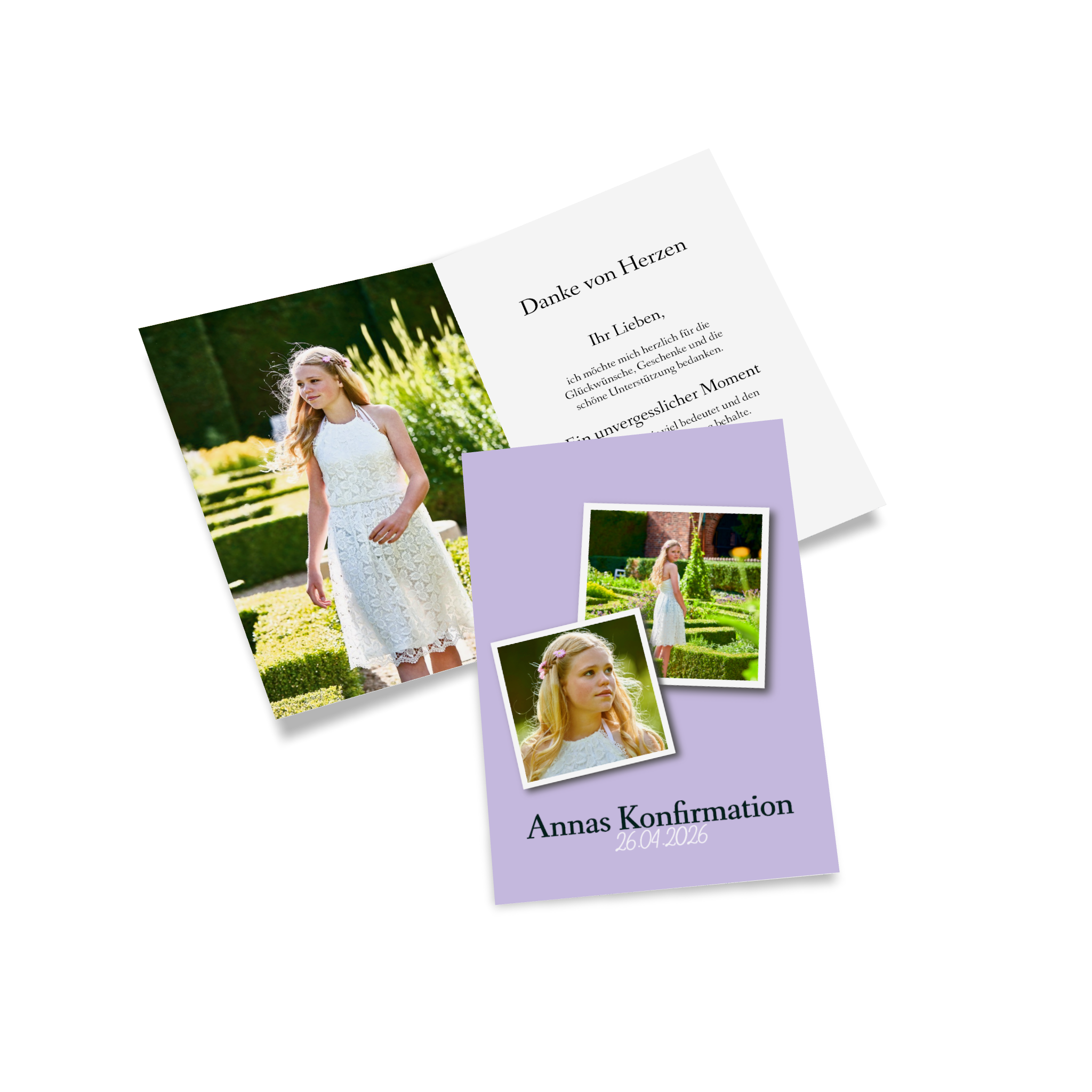 Danksagungskarte zur Konfirmation mit Foto in Lila.