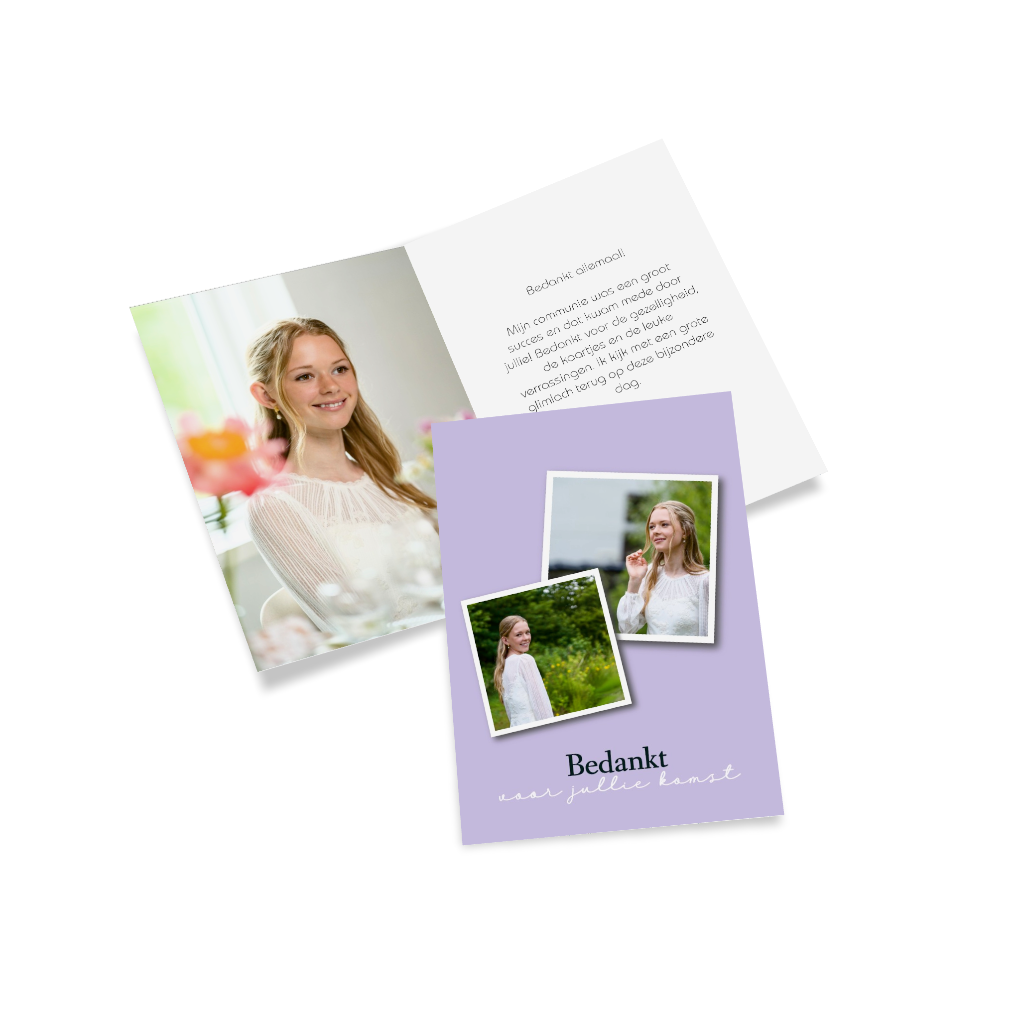 Bedankkaart voor de communie met een paarse achtergrond en foto's van de communicant.