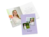 Bedankkaartje voor de communie Bedankkaart voor de communie met een paarse achtergrond en foto's van de communicant.