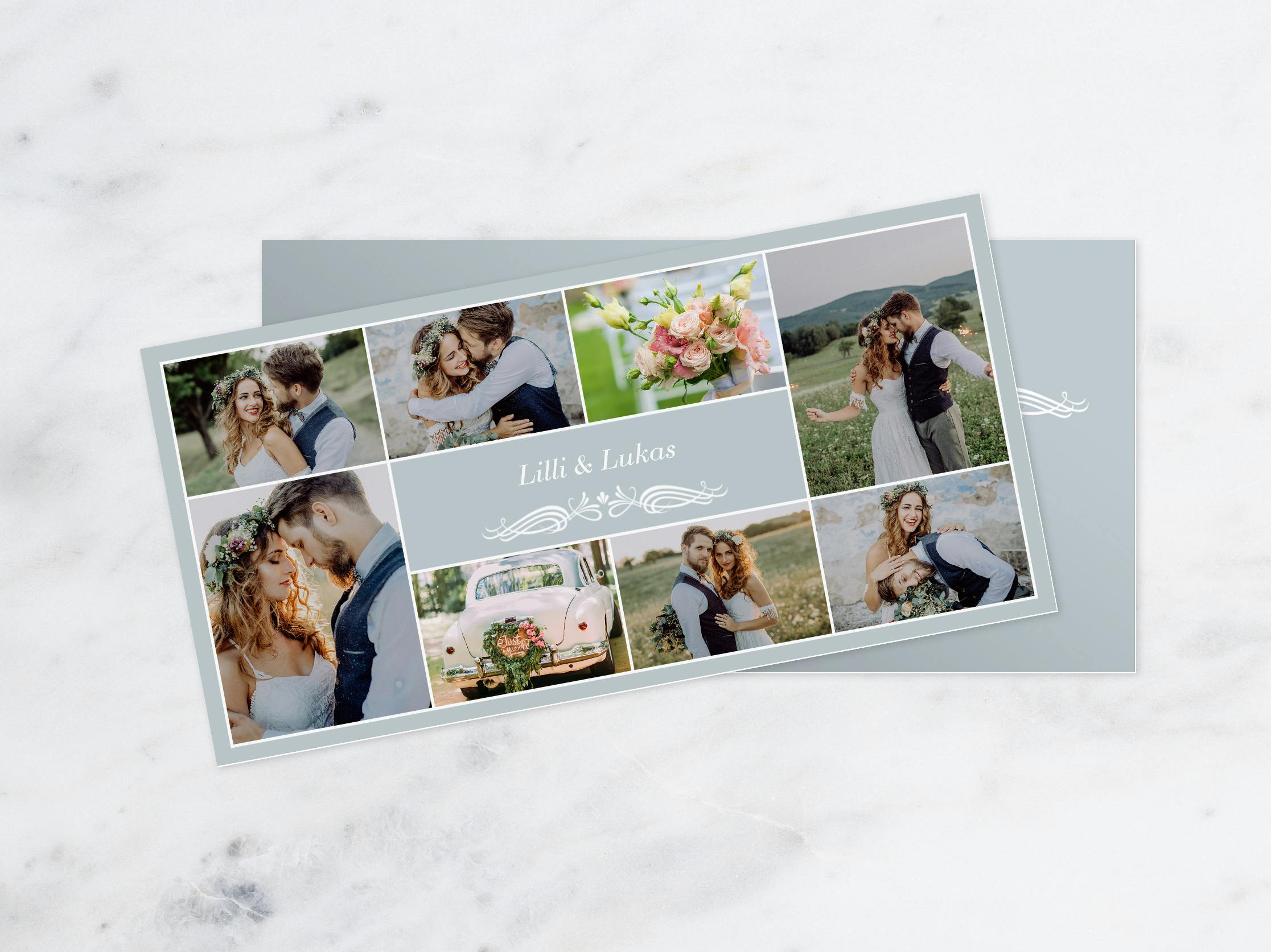 Fotogrußkarte mit Hochzeitsbildern und der Aufschrift "Lilli & Lukas"