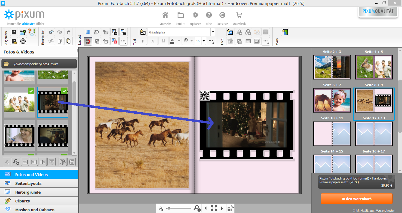 Simply add your videos to your Pixum Photo Book per drag & drop.