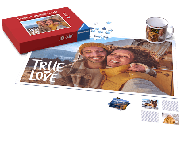 Cutout of a mix of prooducts from Ravensburger photo puzzle, photo memo and a mug with winter images