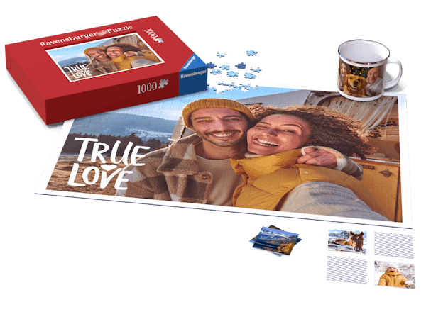 Regalos con foto: ideas, consejos e inspiración Mix de productos personalizados: puzzle Ravensburger personalizado , memorama y taza de metal esmaltado esmaltada con motivos invernales