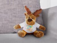 Alce di peluche con foto Alce di peluche seduto con foto