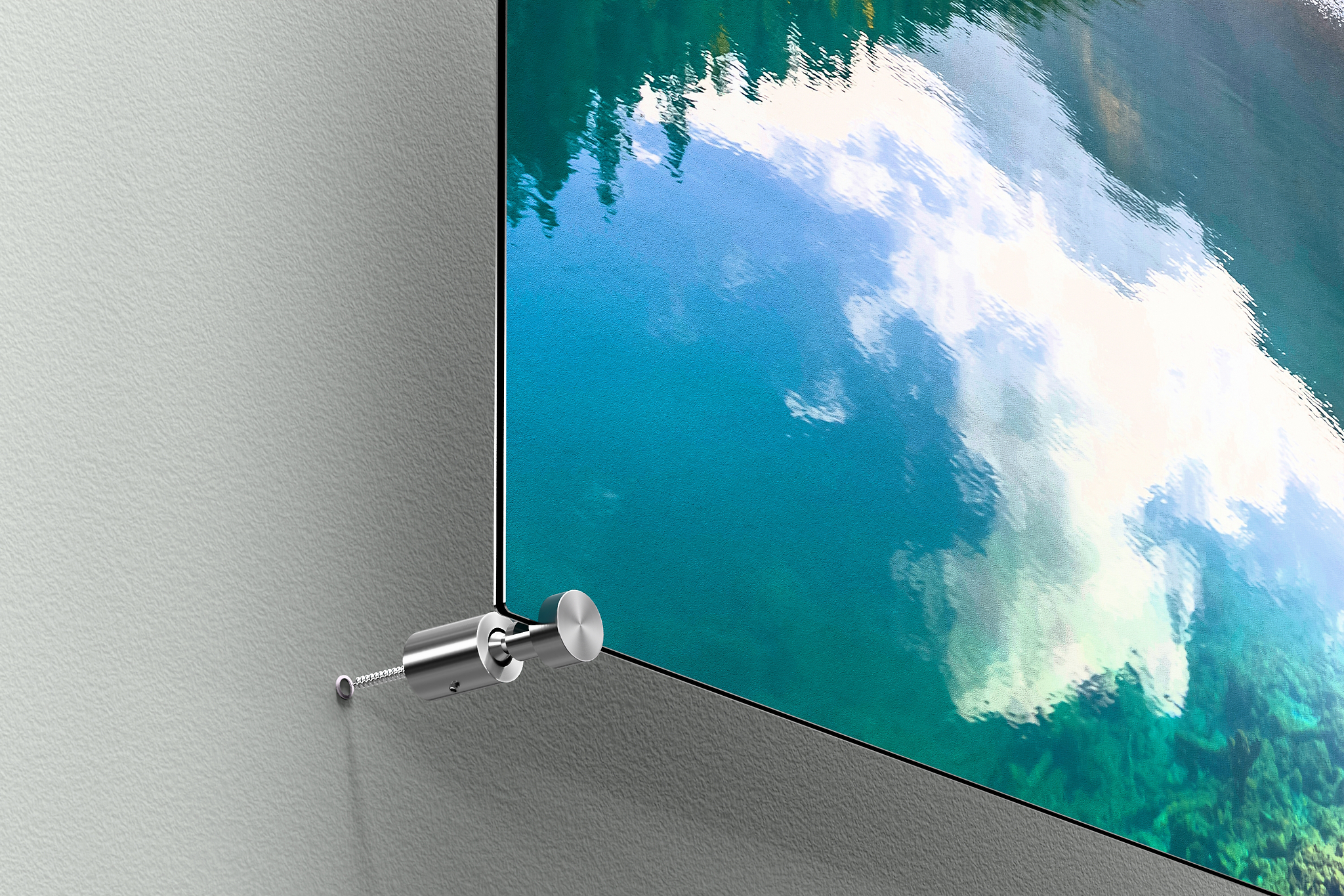 Alu-Dibond Wandbild mit Klemmsystem, auf welchem ein See mit Wald zu sehen ist