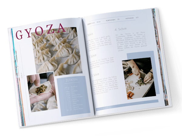 Pixum Fotobuch im Hochformat als Kochbuch mit dem Rezept und Fotos von Gyoza