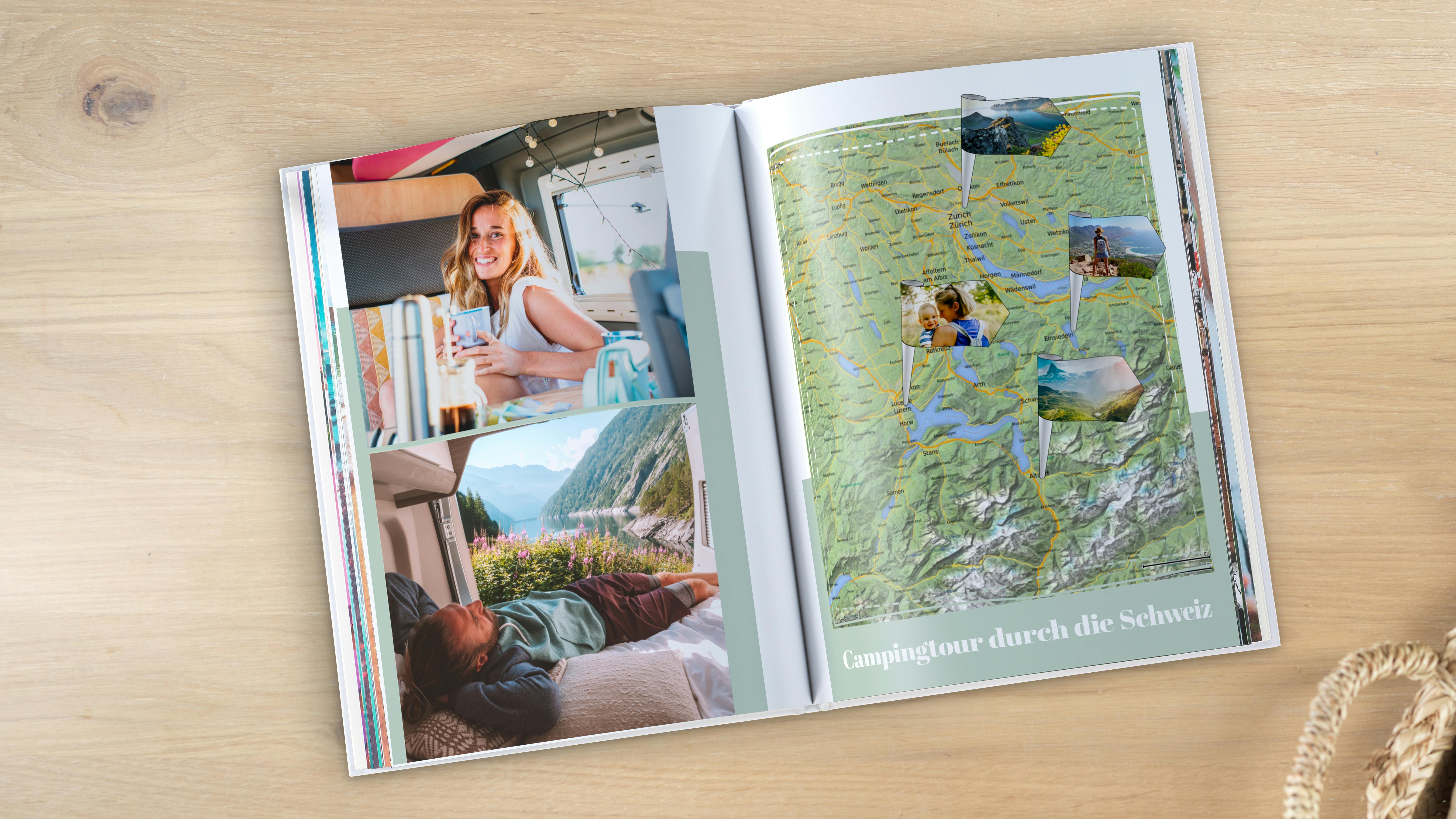 Pixum Fotobuch Pixum Fotobuch im Hochformat mit einer Landkarte von einem Camping-Urlaub durch die Schweiz