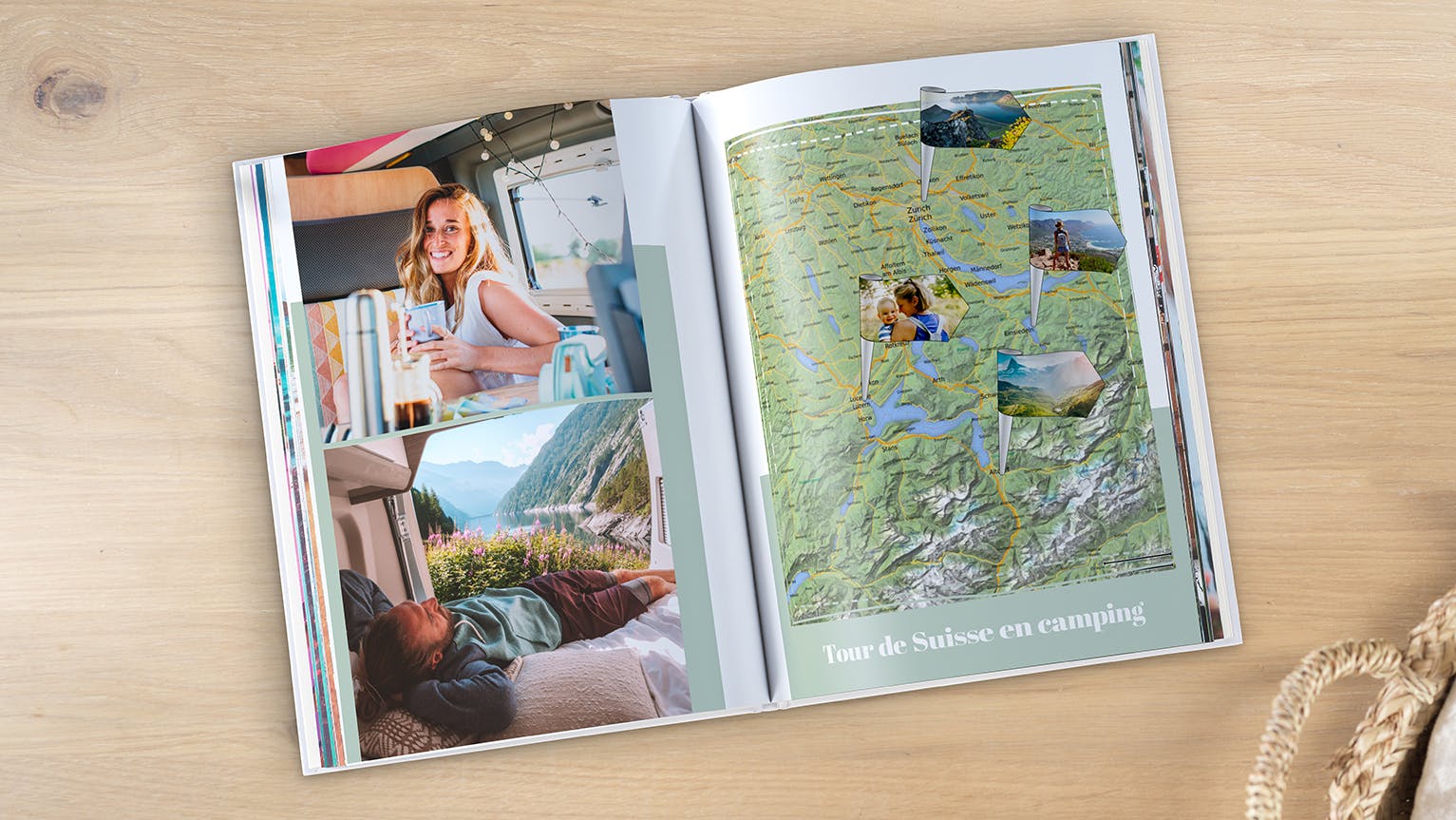 Livre photo portrait avec une carte géographique de vacances en camping en Suisse
