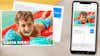 Pixum ansichtkaart met een foto van een jongen in het zwembad en een mobiele telefoon met de Pixum App ernaast