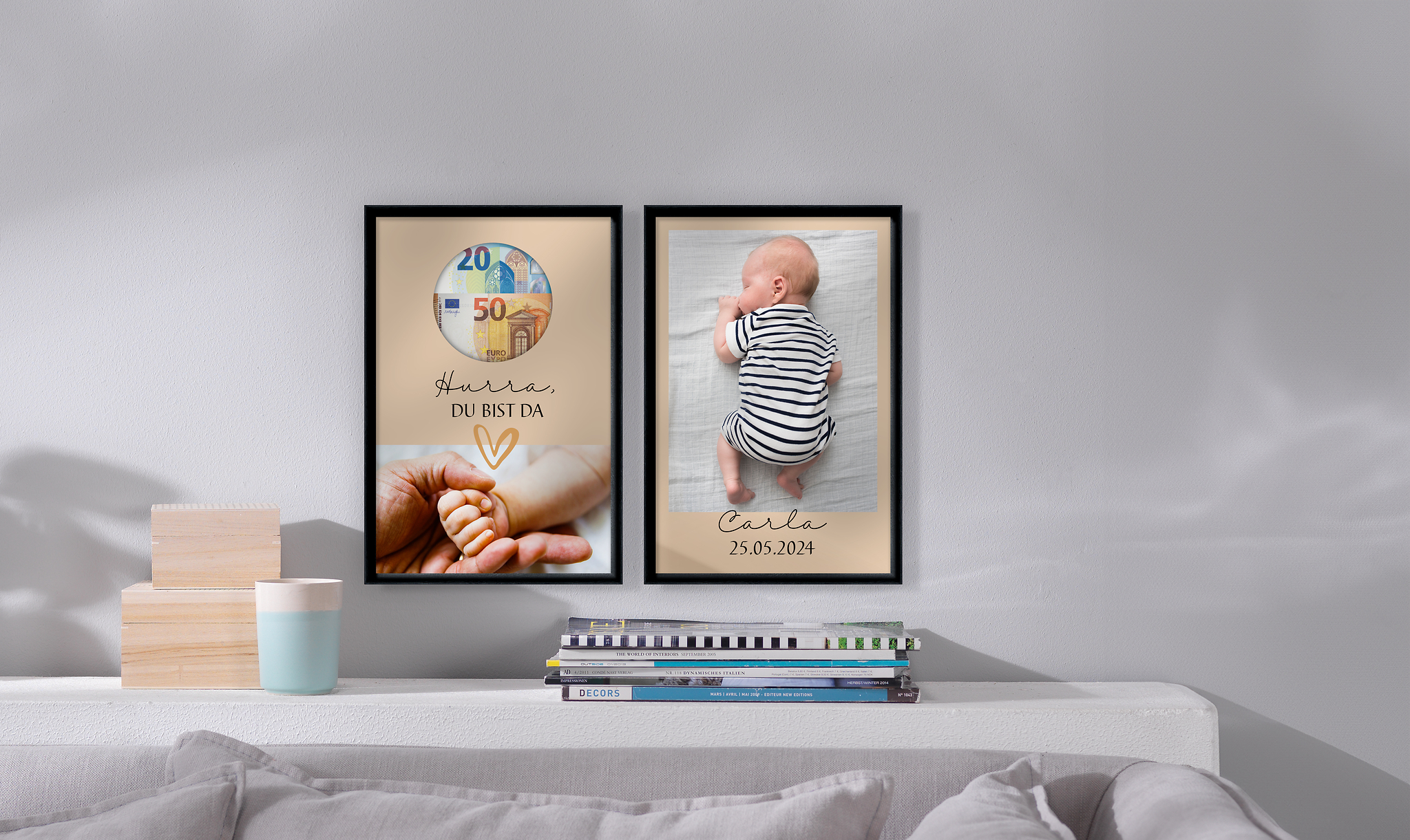 Porta soldi regalo con un design per la nascita e una foto di un neonato