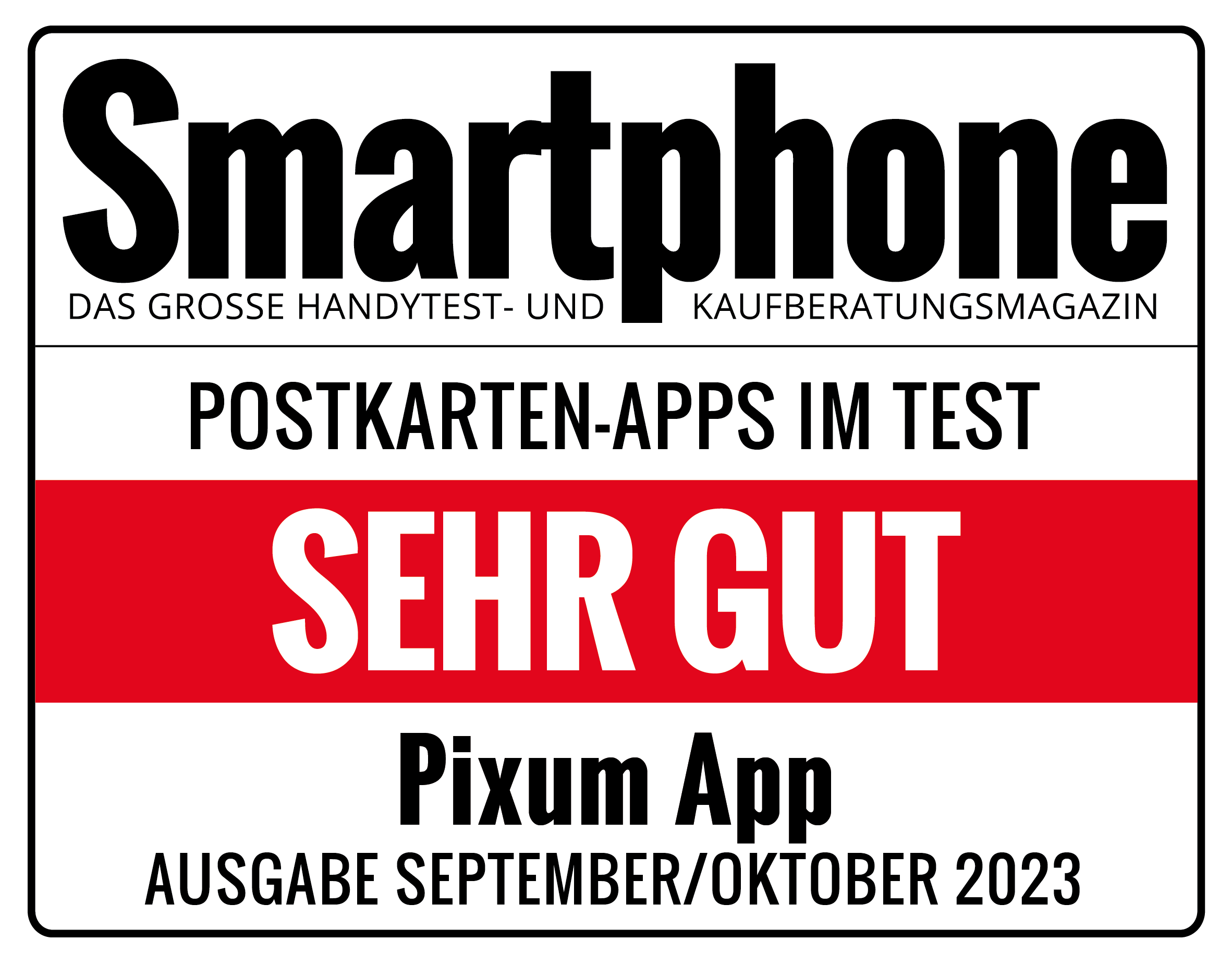 Smartphone Magazin Ausgabe 09/10 2023 Auszeichung Sehr gut im Smartphone Magazin Ausgabe 09/10 2023 Postkarten-Apps im Test