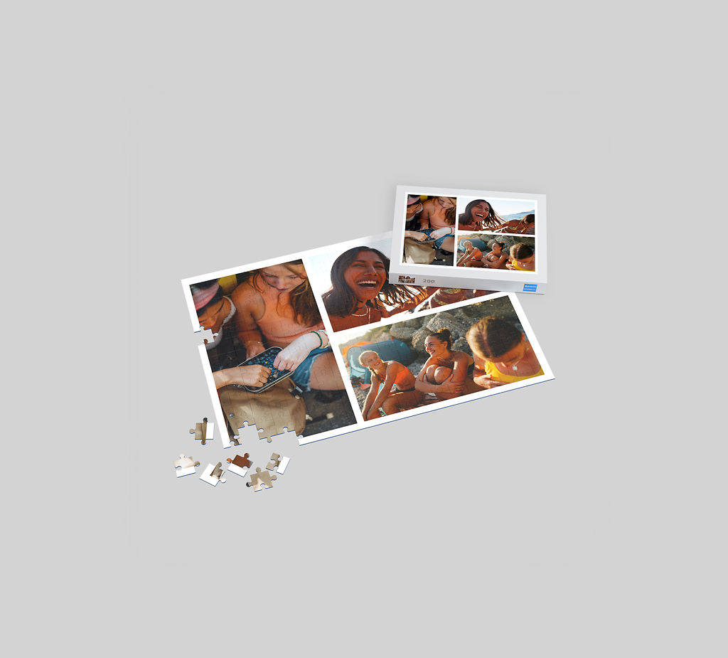 Pixum fotopussel med 200 bitar och ett collage med bilder på vänner