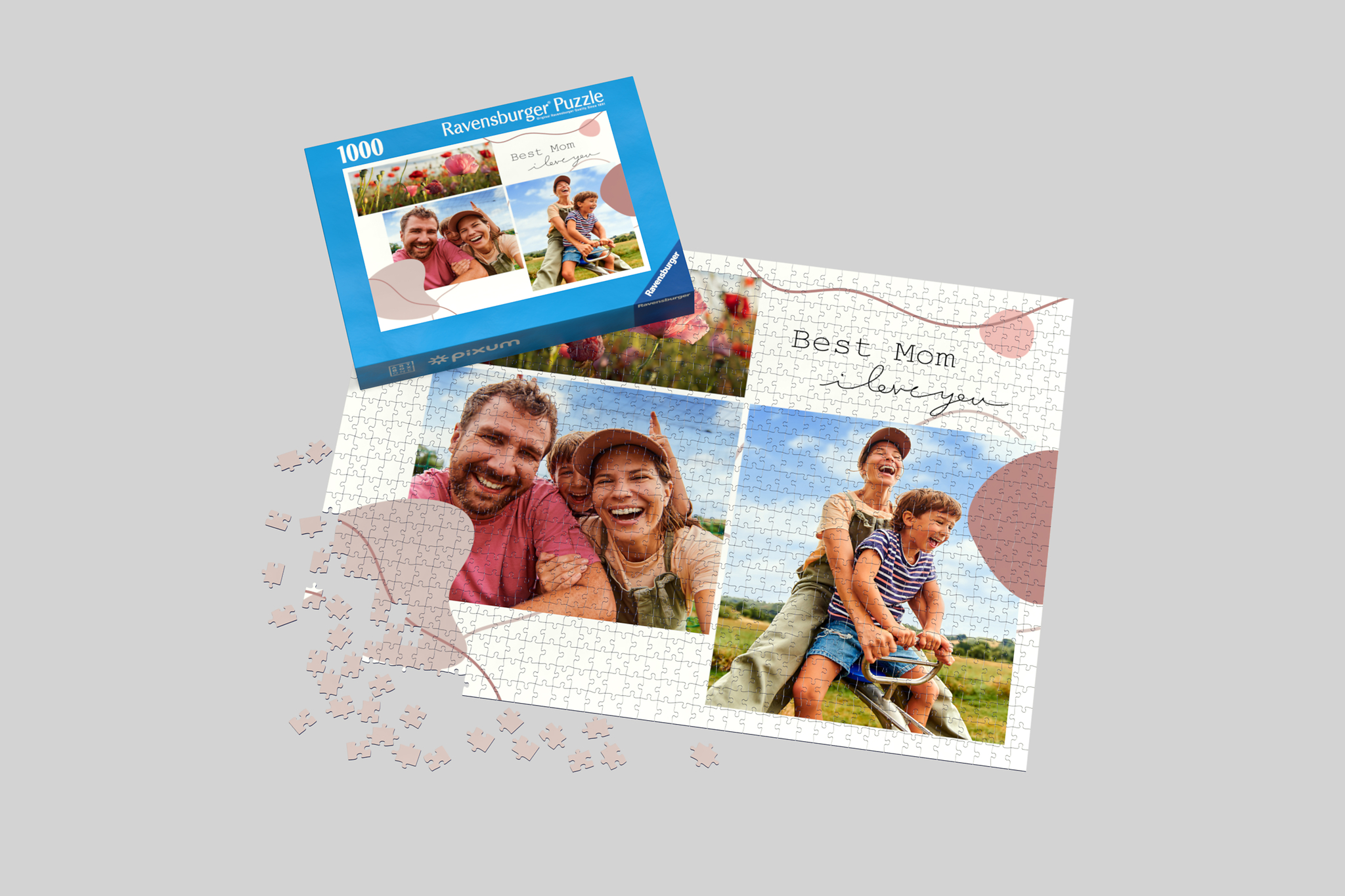Ein Fotopuzzle von Ravensburger bedruckt mit einer Collage von Familienfotos und dem Schriftzug "Best Mom, i love you".
