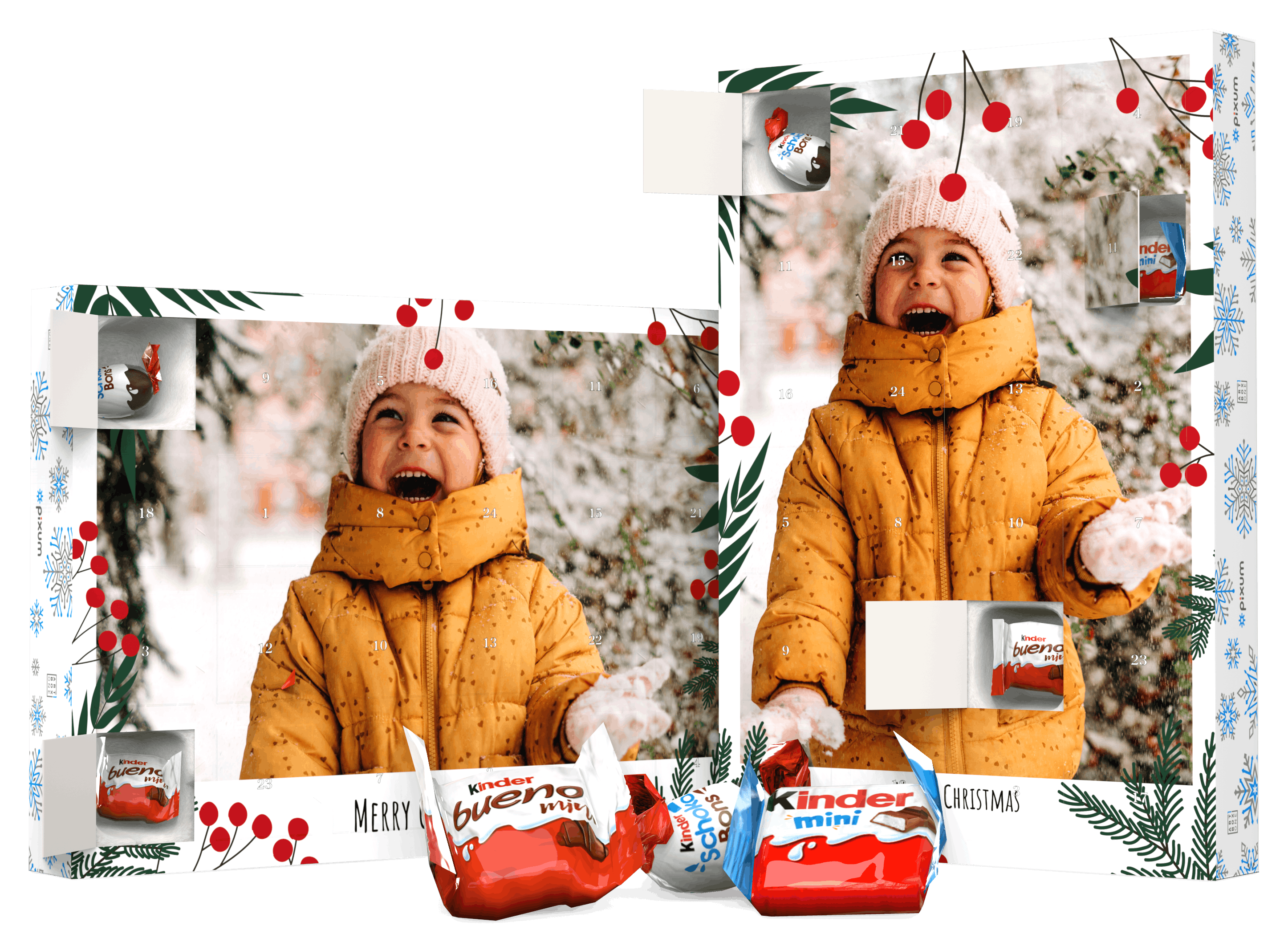 Calendrier de l'Avent kinder personnalisé avec une photo d'une petite fille dans la neige