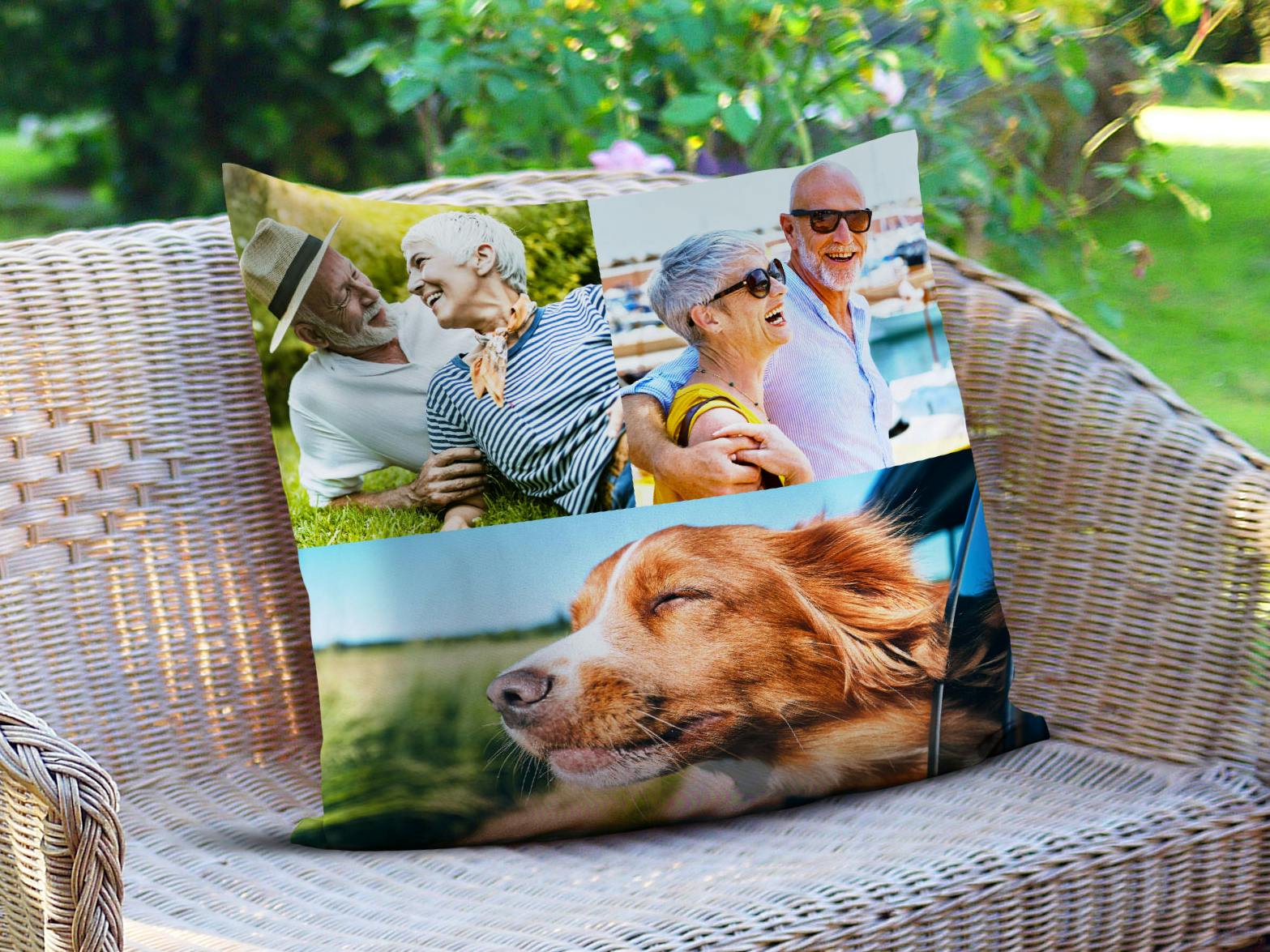 Fotokissen-Collage mit Bildern von Senioren im sommerlichen Ambiente auf einer Rattanbank 