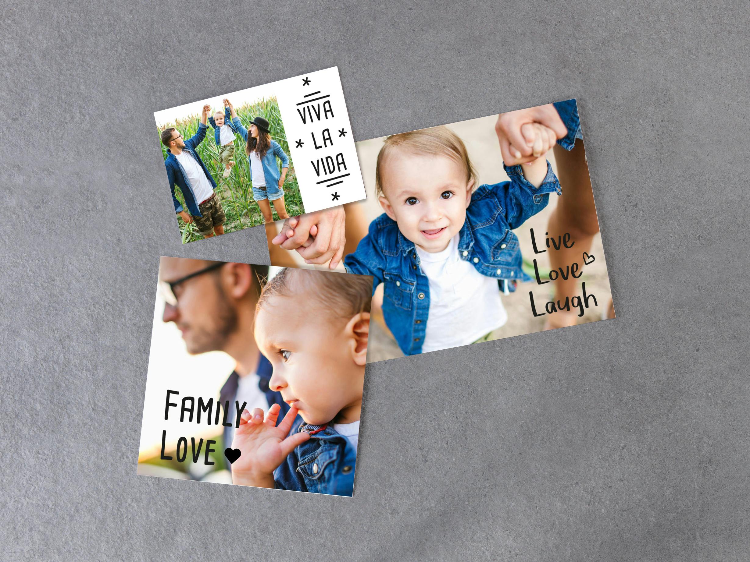 Stampe foto fine art con design e foto di famiglia su sfondo grigio