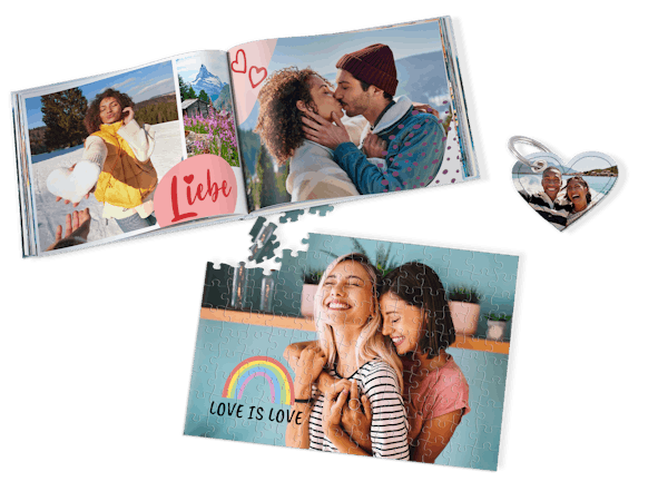 Fotogeschenke zum Valentinstag Produkt-Mix aus einem Fotobuch, einem Puzzle und einem Schlüsselanhänger mit Herzform mit Fotos zum Thema Valentinstag