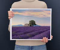 Fotoboek XXL liggend Persoon houdt een fotoboek vast met daarop een lavendelveld bij zonsondergang met een boerderij en boom op de achtergrond.