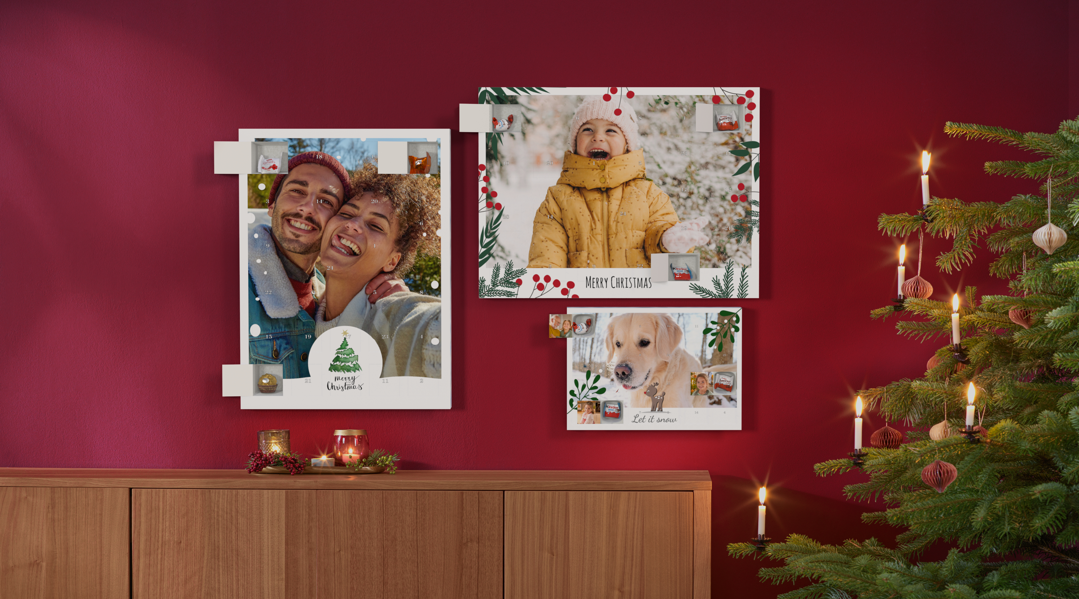 Foto-Adventskalender mit Schokolade von Kinder und Ferrero Pralinen im weihnachtlichen Ambiente