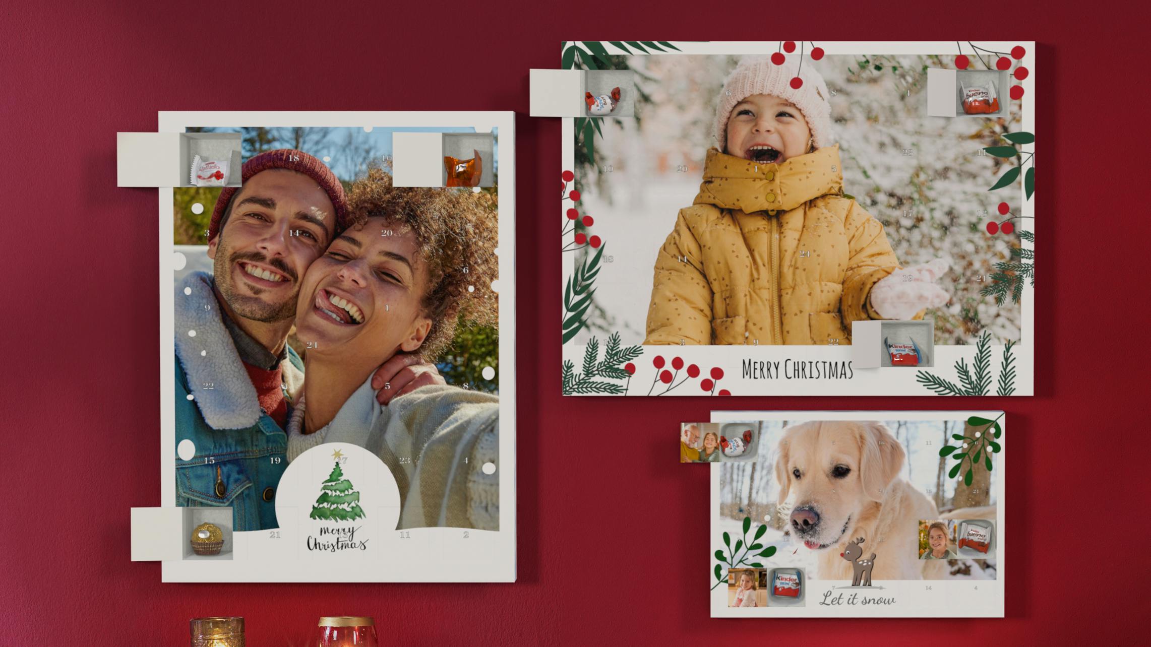 Foto-Adventskalender mit Schokolade von Kinder und Ferrero Pralinen im weihnachtlichen Ambiente