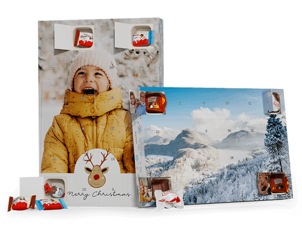 Blanding af personlige julekalendere med foto og fyldt med Ferrero- og kinder-chokolade